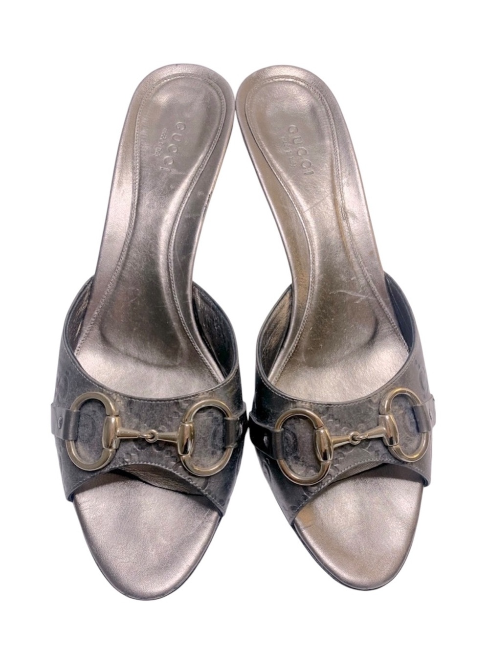 Auth Gucci Metallic silver gunmetal Horsebit Mule 9 Slide heel Guccisima leather